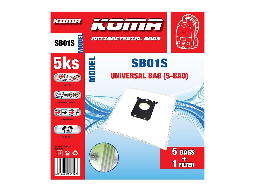 KOMA SB01S Sáčky Universal Bag do vysavače Electrolux, AEG, textilní, S-bag 5 ks + mikrofi