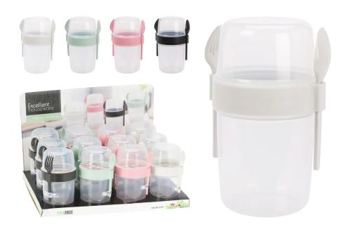 Dóza na svačinu kulatá 1,1 l + příbor, plast, barvy mix_0