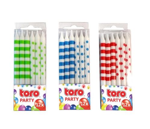 TORO Svíčky narozeninové s držáky 12 ks, 6 cm, barvy mix