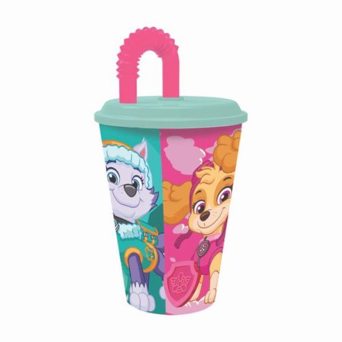STOR Kelímek s brčkem 0,43 l Tlapková patrola / PAW PATROL, růžový