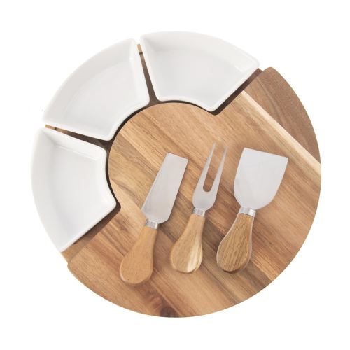 ORION Prkénko akácie pr. 28 cm + kráječe na sýr nerez/akácie+misky ker.