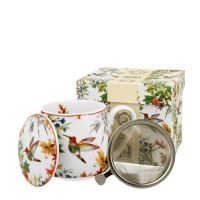 LINNEA bulbous mug 430 ml hummingbird+lid+strainer NR, porcelain, DB