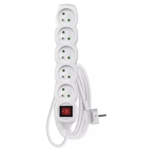 Prodlužovací kabel, 5 zásuvek, bílý, vypínač, 3 m